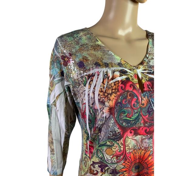 Susan Lawrence Women's Size Small Top Sequin Details Colorful 1/4 sleeve USA - Picture 5 of 12